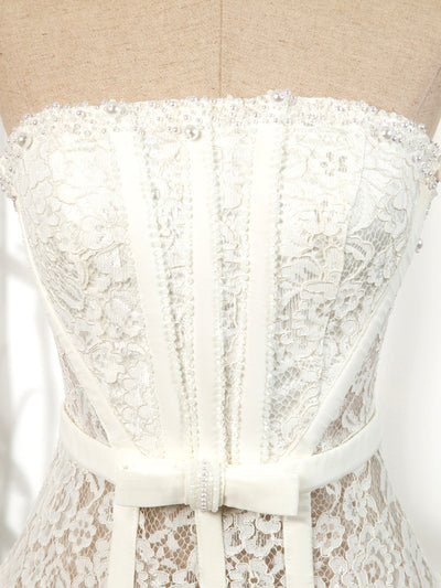 White Lace Strapless Pearls Homecoming Dress