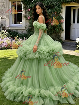 Green Tulle Straps Long Sleeve Quinceanera Dress