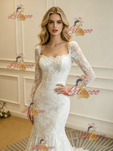 Beige White Lace Long Sleeve Wedding Dress