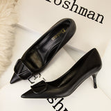 Thin-heeled Shallow-mouth Pointed Metal Buckle Shoes