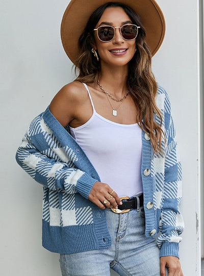 V-neck Loose Plaid Long Sleeve Sweater Coat
