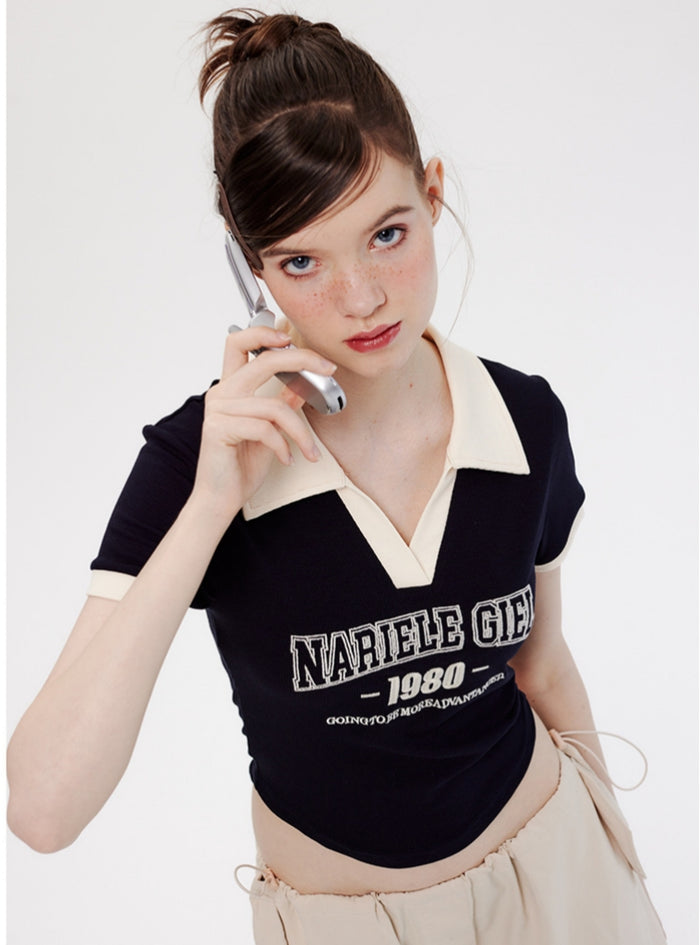 Letter Short Polo Neck Short Sleeve T-shirt