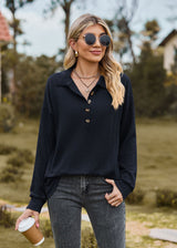 Solid Color Lapel Button Loose Long Sleeve Top