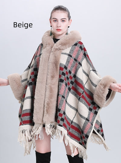 Large Size Fur Collar Plaid Fringed Cloak Shawl