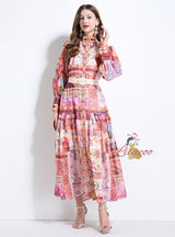 Palace Lantern Sleeve Buttoned Chiffon Printed Dress