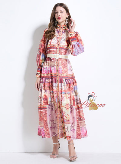 Palace Lantern Sleeve Buttoned Chiffon Printed Dress