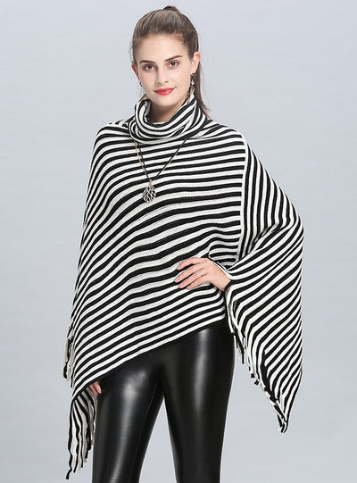 Loose Striped Fringed Turtleneck Cape Shawl