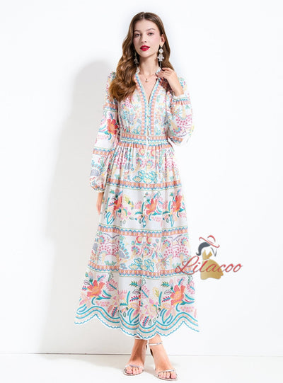 Retro Printed V-neck Button Dress