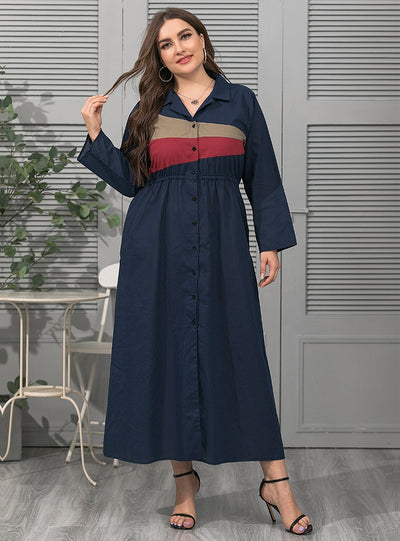 Lapel Single-breasted Geometric Contrast Plus Size Dress