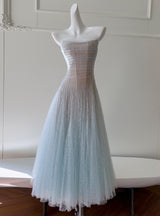 Blue Lace Pleats Straps Prom Dress
