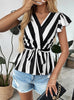 V-neck Lotus Leaf Sleeve Striped Short-sleeved Shirt
