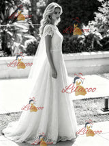 White Lace Short Sleeve Wedding Dress