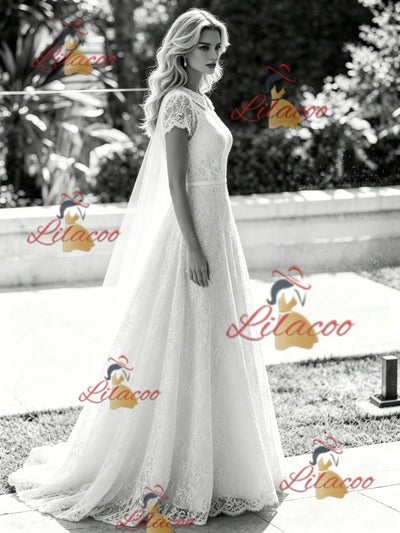 White Lace Short Sleeve Wedding Dress