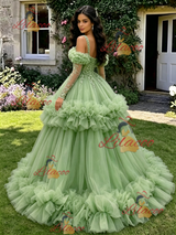 Green Tulle Straps Long Sleeve Quinceanera Dress