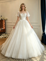 Ball Gown Tulle Short Sleeve Wedding Dress