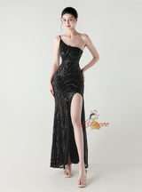 Mermaid One Shoulder Sequins Split Prom Dress