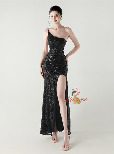 Mermaid One Shoulder Sequins Split Prom Dress