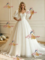 White Tulle Puff Sleeve Appliques Wedding Dress
