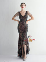 V-neck Sequins Hi Lo Beading Prom Dress