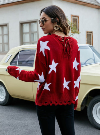 Leisure Five-star Jacquard Drawstring Pullover Sweater