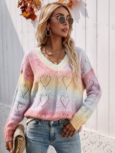 Rainbow V-neck Pullover Women's Sweater