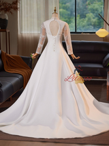 White Satin Long Sleeve High Neck Wedding Dress