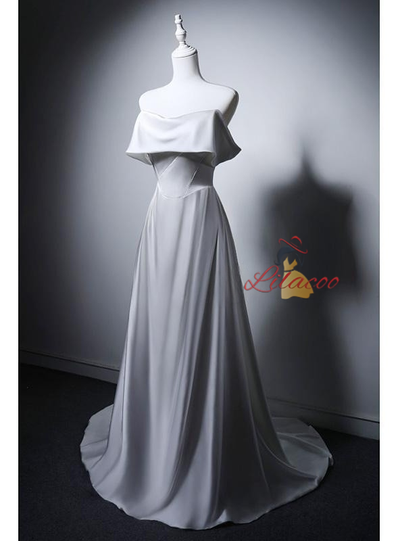 A-Line White Satin Off the Shoulder Wedding Dress