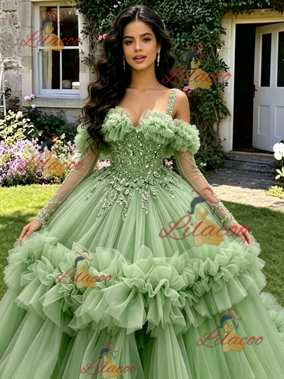 Green Tulle Straps Long Sleeve Quinceanera Dress