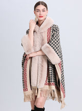 Hooded Tassel Jacquard Knitted Shawl Cloak