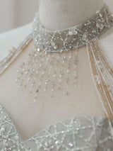 Gray Sequins Halter Beading Prom Dress