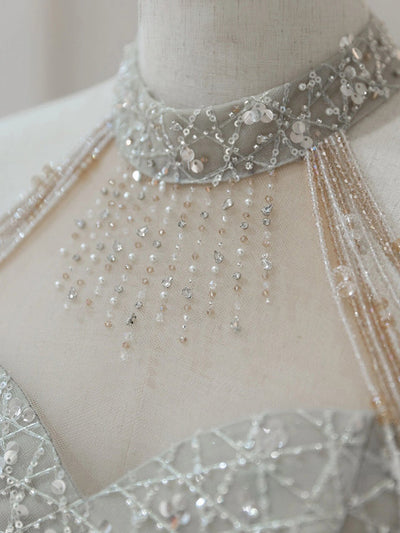 Gray Sequins Halter Beading Prom Dress