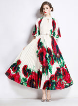 Printed Beaded Pleated Long Dress