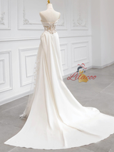 White Satin Strapless 3D Flower Wedding Dress