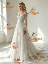 White Tulle Appliques Long Sleeve Wedding Dress