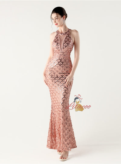 Mermaid Sequins Halter Beading Prom Dress