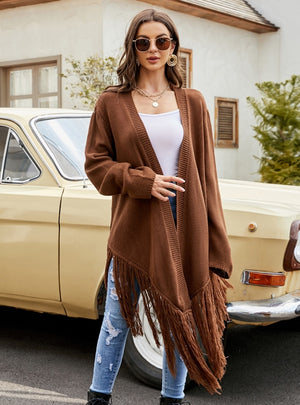 Solid Color Tassel Knitted Irregular Sweater Coat