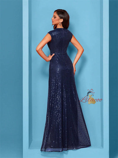 Navy Blue Sequins V-neck Prom Dress