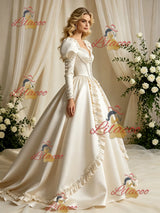 Ivory Satin Long Sleeve Beading Wedding Dress