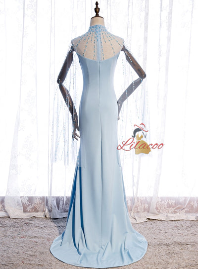Sexy Light Blue High Neck Beading Prom Dress