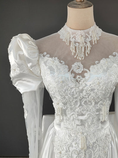 White Satin Appliques Beading High Neck Wedding Dress