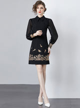 Embroidered Lapel Long Sleeve Dress