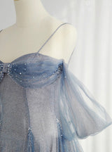 Blue Tulle Sequins Pleats Straps Beading Prom Dress
