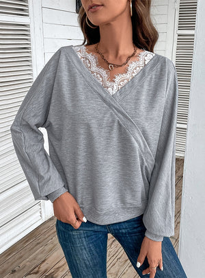 V-neck Lace Stitching Top Pullover T-shirt