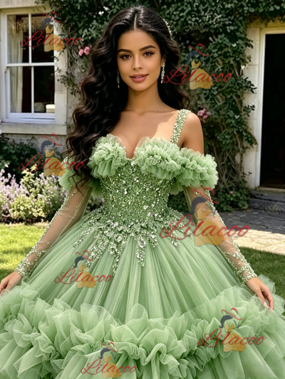 Green Tulle Straps Long Sleeve Quinceanera Dress