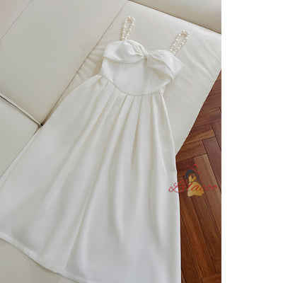 White Straps Pearls Short Prom Dress