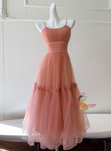 Orange Pink Tulle Pleats Straps Prom Dress