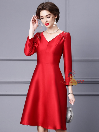 Red Satin V-neck Beading Mother Of The Bride Dress