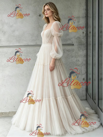 Ivory Tulle Long Sleeve Pleats Wedding Dress