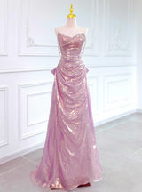 Pink Strapless Pleats Beading Bow Prom Dress