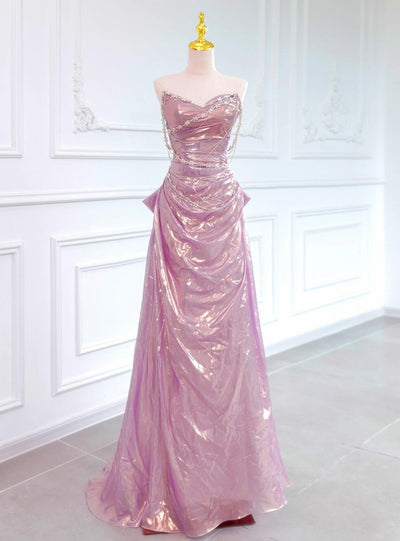 Pink Strapless Pleats Beading Bow Prom Dress